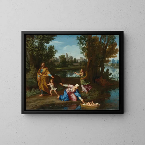 Moses Cast into the Nile - Nicolas Colombel — framed artwork on a wall