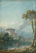 Landschap met een visser aan de rand van een meer, op de achtergrond een grote duiventil - Nicolas Jacques Julliard — weergave van het kunstwerk