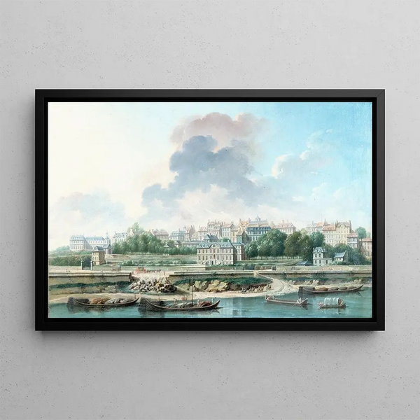 The Quai and the Village of Passy seen from the left bank - Nicolas Jean-Baptiste Raguenet — framed artwork on a wall
