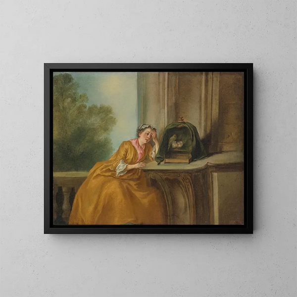 L'oiseau en cage - Nicolas Lancret — framed artwork on a wall