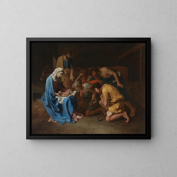 Adoration of the Shepherds - Nicolas Poussin — framed artwork on a wall
