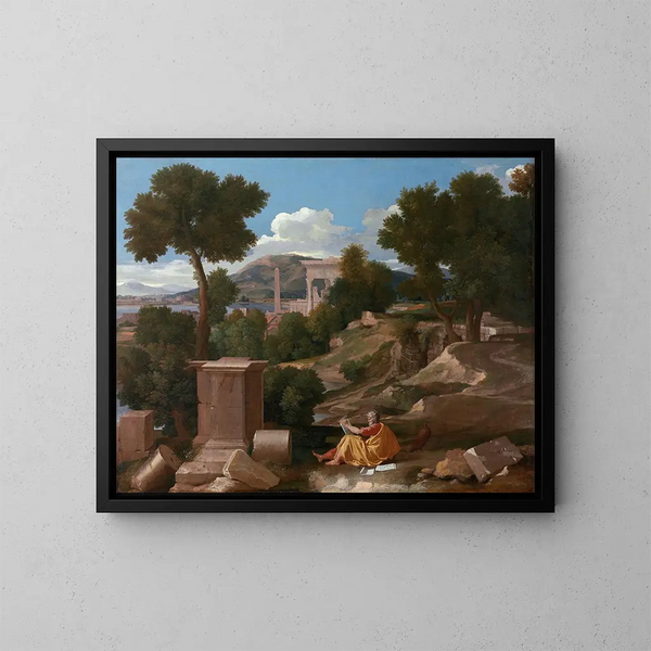 Landscape painting with Saint John on the island of Patmos - Nicolas Poussin — framed artwork on a wall