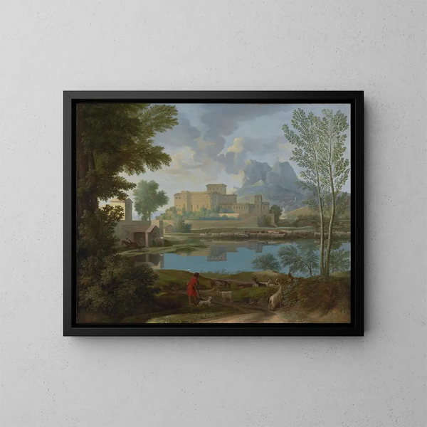 Landscape with a Calm - Nicolas Poussin — framed artwork on a wall