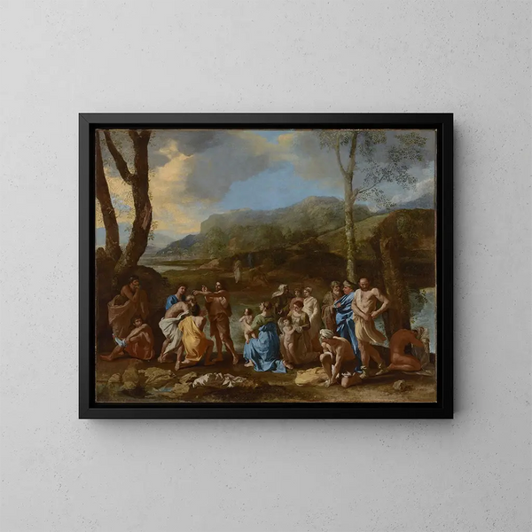 Saint John the Baptist in the River Jordan - Nicolas Poussin — framed artwork on a wall
