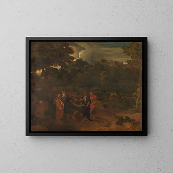 The Healing of the Two Blind Men at Jericho - Nicolas Poussin — framed artwork on a wall
