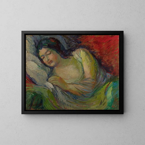 Young Brunette Woman Sleeping - Nikolai Alexandrovich Tarkhov — framed artwork on a wall