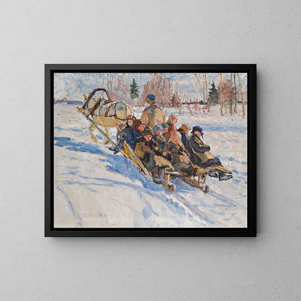 Children in a Sledge - Nikolai Bogdanov-Belsky — framed artwork on a wall