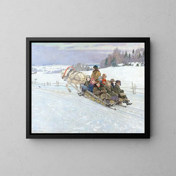 Snow Sledge Ride in Winter Russia - Nikolai Bogdanov-Belsky — framed artwork on a wall
