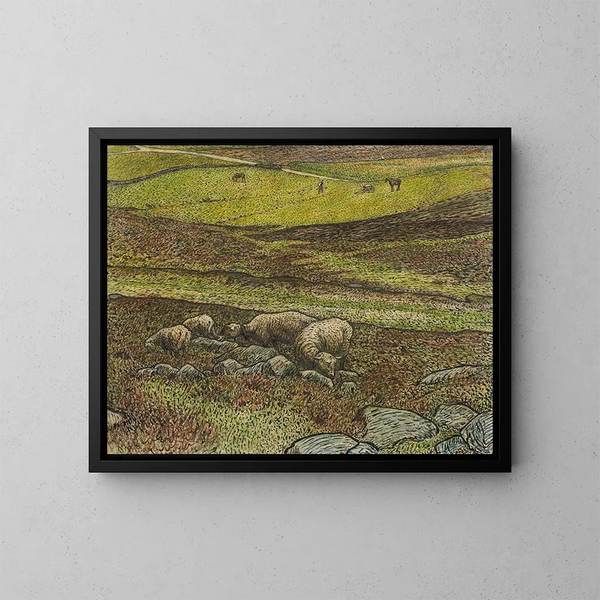 Sheep in a Valley - Nils Kreuger — framed artwork on a wall