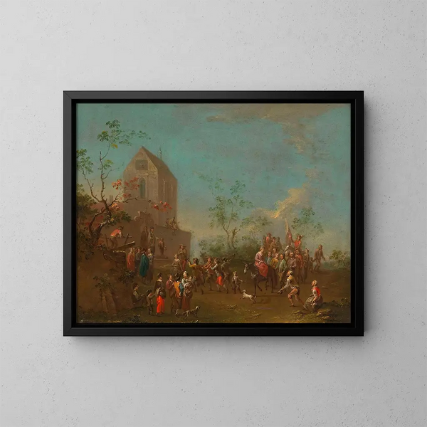 Cortège festif devant une église - Norbert Joseph Carl Grund — framed artwork on a wall