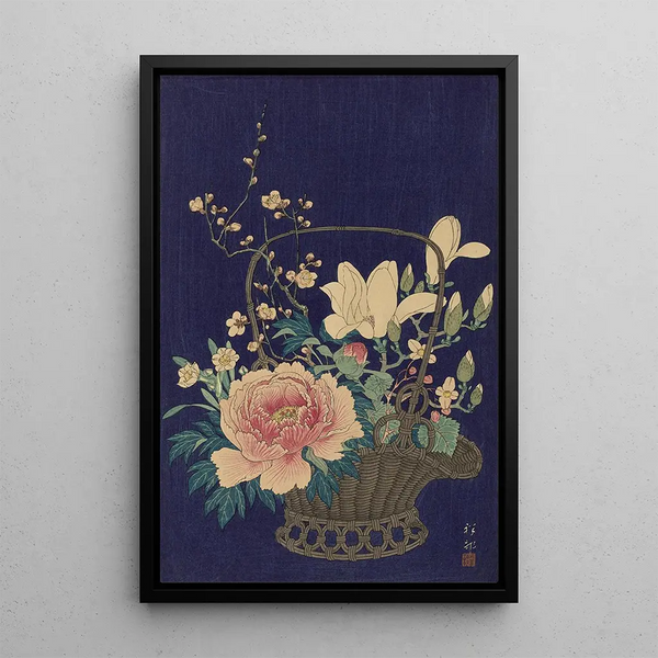 Basket of Flowers in Bamboo - Ohara Koson — framed artwork on a wall