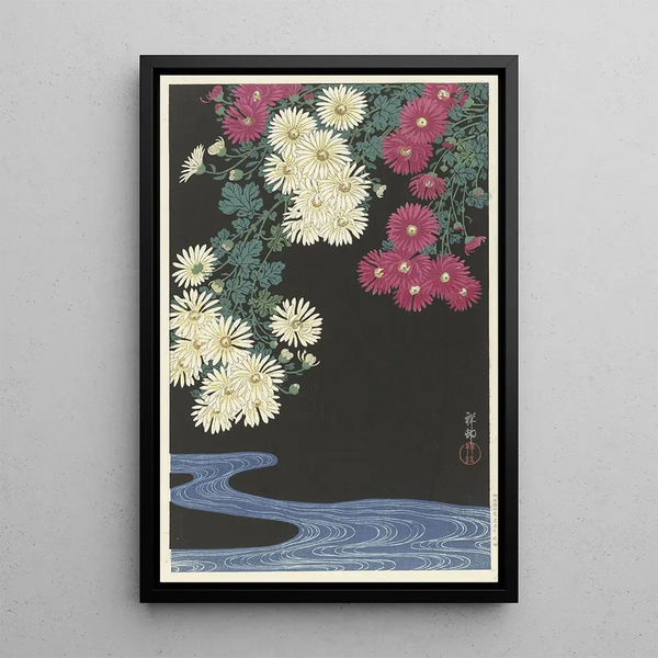 Chrysanthèmes et eau courante - Ohara Koson — ingelijst kunstwerk aan de muur