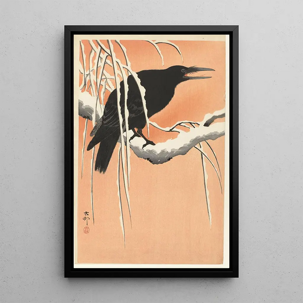 Corbeau sur branche enneigée - Ohara Koson — ingelijst kunstwerk aan de muur