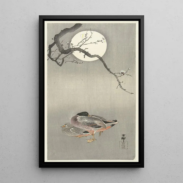 Kanaries bij volle maan - Ohara Koson — ingelijst kunstwerk aan de muur
