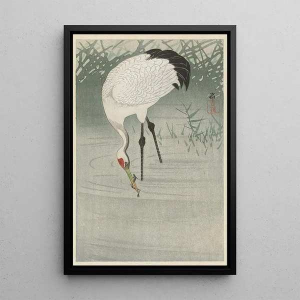 Grue pêchant dans l'eau peu profonde - Ohara Koson — ingelijst kunstwerk aan de muur
