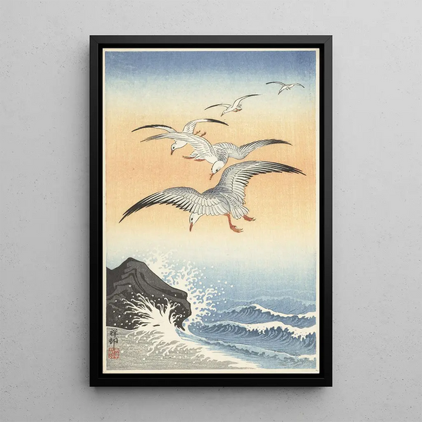 Vijf meeuwen boven de ruwe zee - Ohara Koson — ingelijst kunstwerk aan de muur