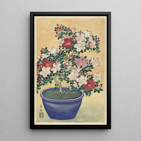 Azalée en fleur dans un pot bleu - Ohara Koson — ingelijst kunstwerk aan de muur
