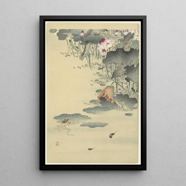 Kikker en kikkervisjes - Ohara Koson — ingelijst kunstwerk aan de muur