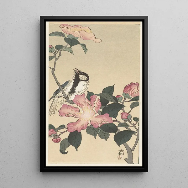Mésange sur branche avec fleurs roses - Ohara Koson — ingelijst kunstwerk aan de muur