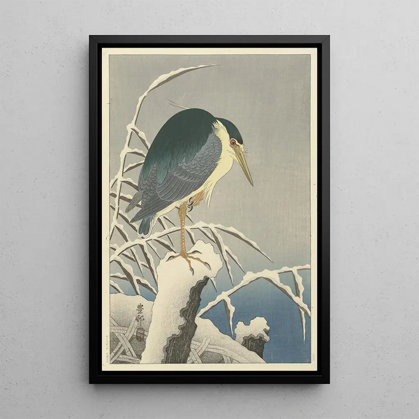 Heron in de sneeuw - Ohara Koson — ingelijst kunstwerk aan de muur