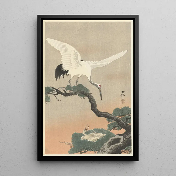 Japanse kraanvogel op dennenboomtak - Ohara Koson — ingelijst kunstwerk aan de muur