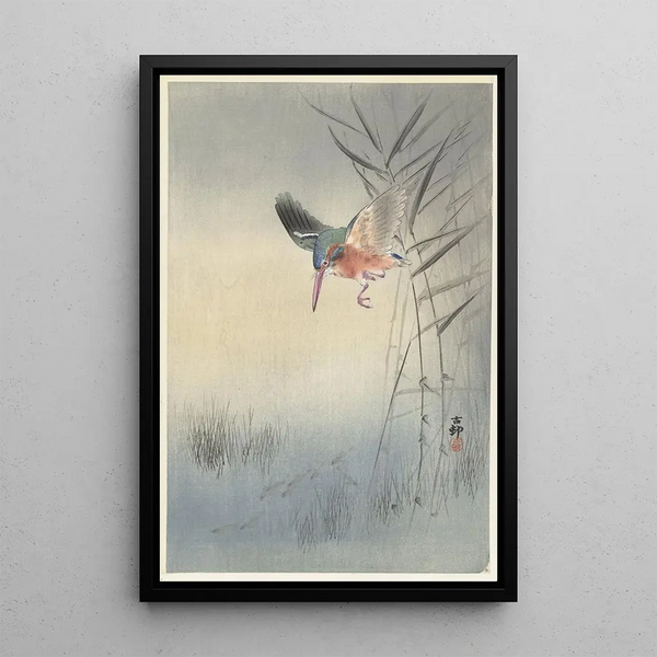 Martin-pêcheur jagend op vis - Ohara Koson — ingelijst kunstwerk aan de muur