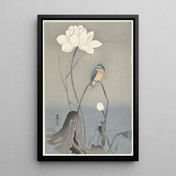 ijsvogel met lotusbloem - Ohara Koson — ingelijst kunstwerk aan de muur