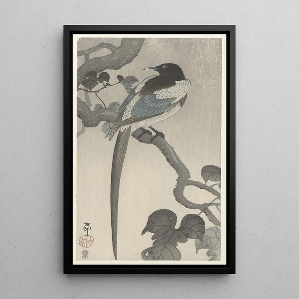 Pie sur une branche d'arbre - Ohara Koson — framed artwork on a wall