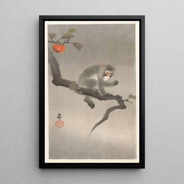 Monkey in a Persimmon Tree - Ohara Koson — framed artwork on a wall