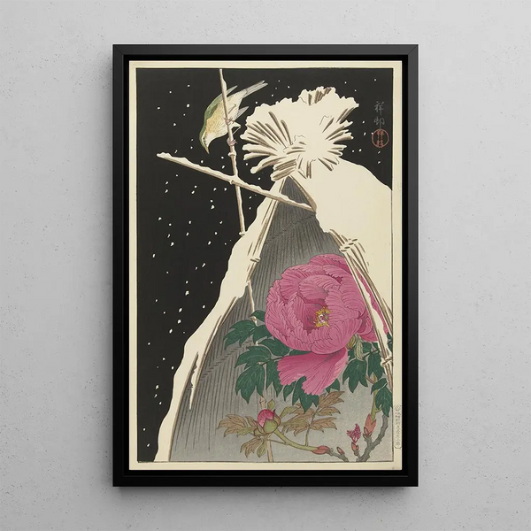 Siberian Nightingale Painting near a Peony Sheltered by a Snow-covered Haystack - Ohara Koson — framed artwork on a wall