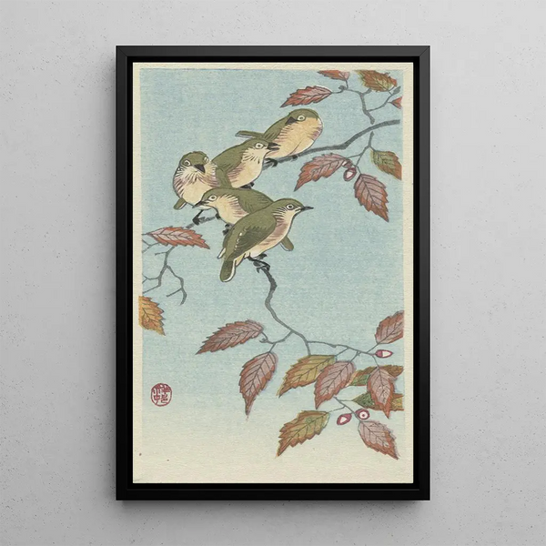 Little Birds on a Twig - Ohara Koson — framed artwork on a wall
