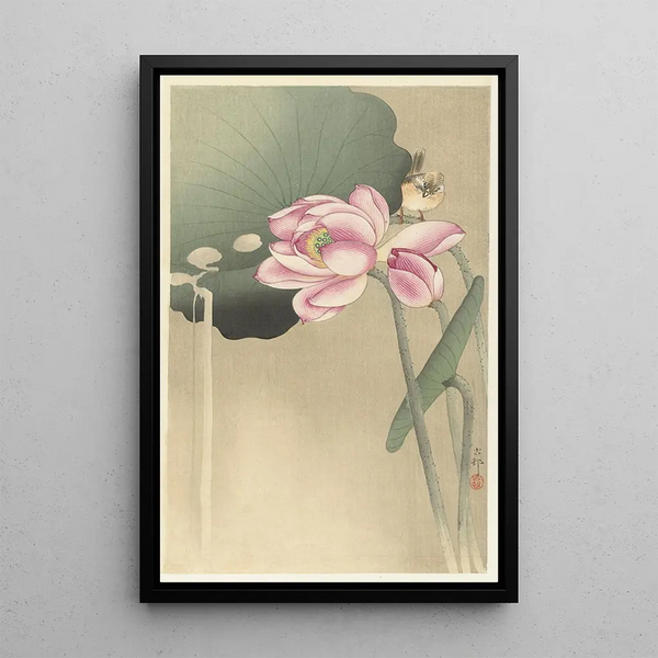 Vogel zanger en lotusbloem - Ohara Koson — ingelijst kunstwerk aan de muur
