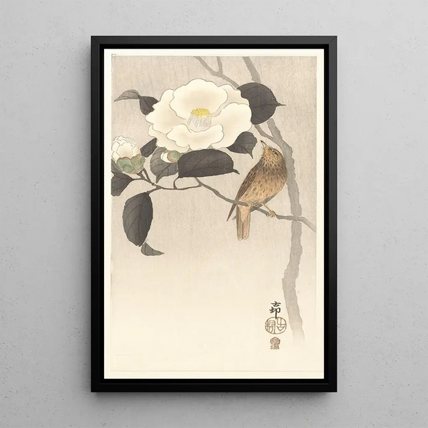Vogel zanger en camellia in bloei - Ohara Koson — ingelijst kunstwerk aan de muur