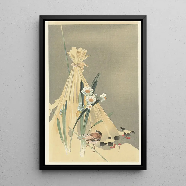 Bird singing near a haystack - Ohara Koson — framed artwork on a wall