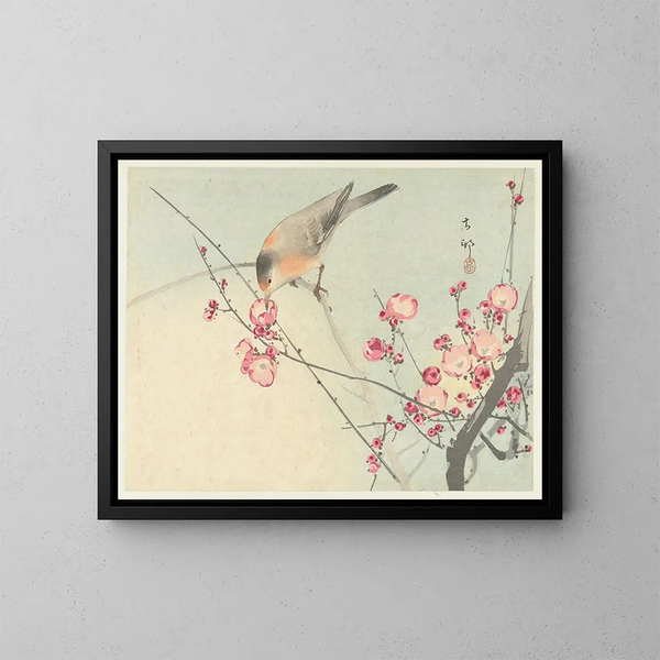 Bird singing on a flowering branch - Ohara Koson — framed artwork on a wall