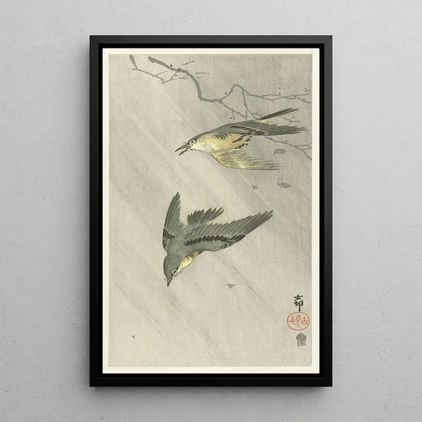 Birds singing in the rain - Ohara Koson — framed artwork on a wall