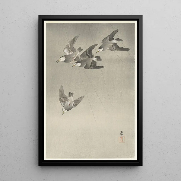 Étourneaux sous la pluie - Ohara Koson — framed artwork on a wall