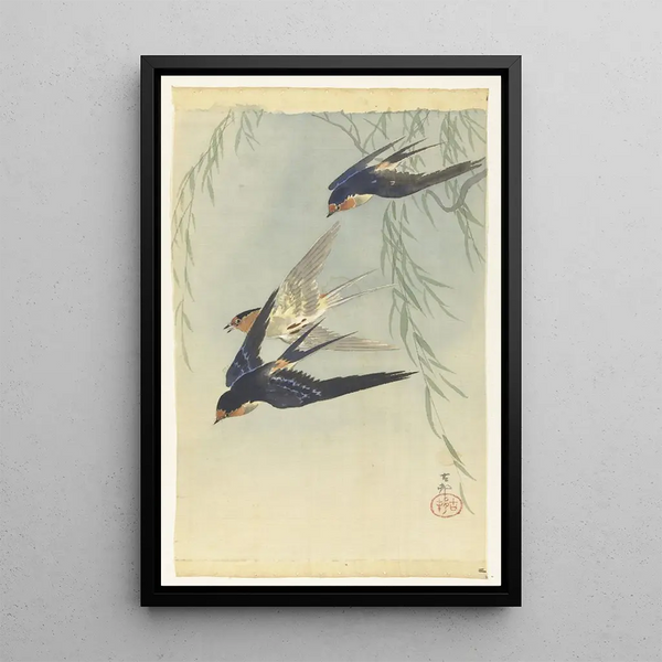 Three birds in full flight - Ohara Koson — framed artwork on a wall