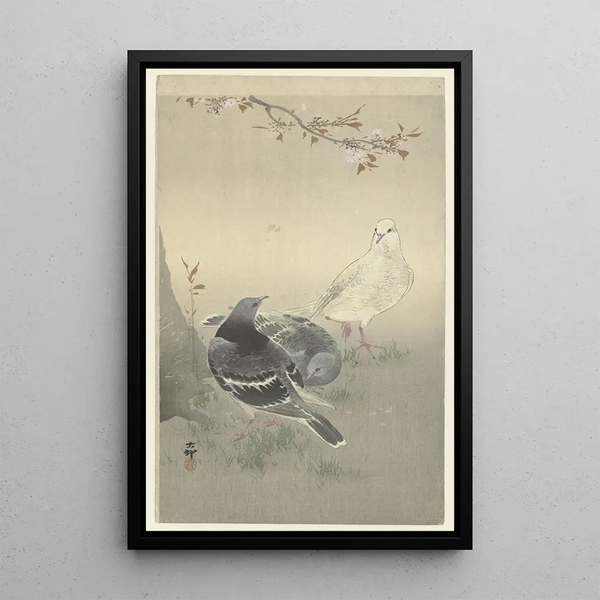 Three Tame Pigeons - Ohara Koson — framed artwork on a wall
