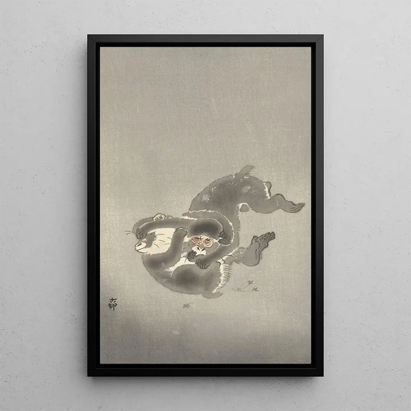 Twee apen die spelen - Ohara Koson — ingelijst kunstwerk aan de muur