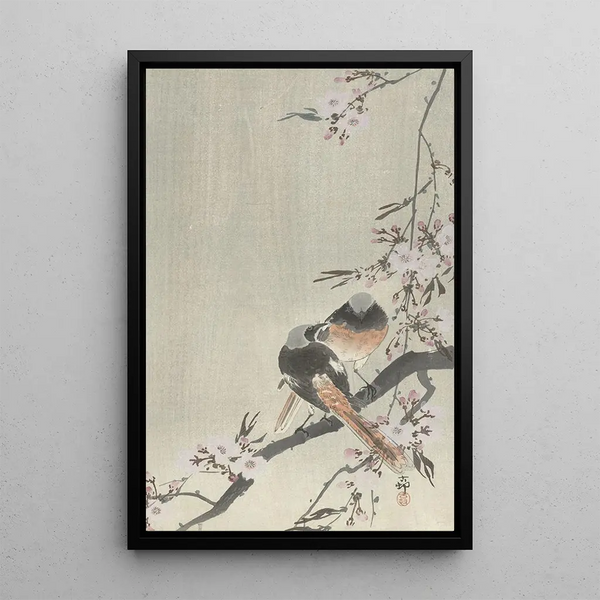 Twee rode staartvissen sigillata met kersenbloesems - Ohara Koson — ingelijst kunstwerk aan de muur