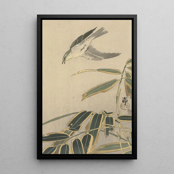 Traquet with bamboo - Ohara Koson — framed artwork on a wall