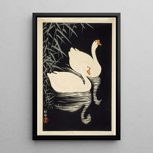 Chinese witte eenden die zwemmen bij riet - Ohara Koson — ingelijst kunstwerk aan de muur