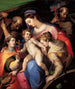 De Heilige Familie met heilige Catherine van Alexandrië, heilige Margaretha van Antiochië en Sint Franciscus van Assisi - Orazio Samacchini — weergave van het kunstwerk