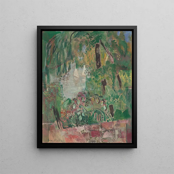 Oskar Moll - Blick auf See mit Blttern und zwei weien Segelbooten.webp