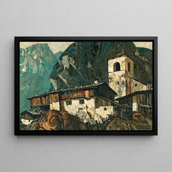 Mountain Church and Farm Painting - Oskar Mulley — framed artwork on a wall