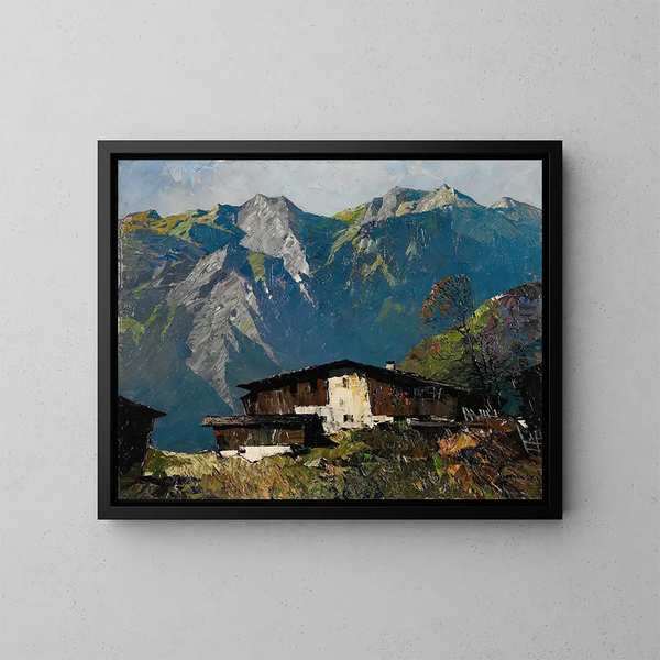 Mountain Farm Painting from Vinschgau - Oskar Mulley — framed artwork on a wall