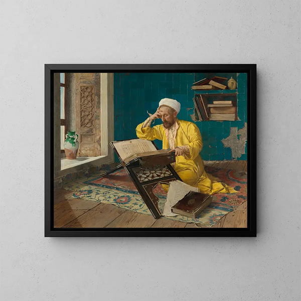 Islamic Theologian Painting with the Quran - Osman Hamdi Bey — framed artwork on a wall