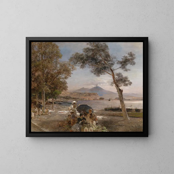 Evening Atmosphere at the Gulf of Naples - Oswald Achenbach — framed artwork on a wall