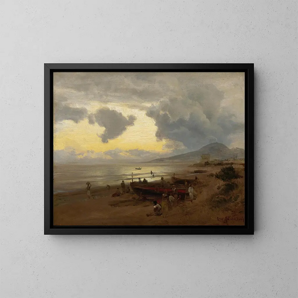 Sunset on the Shore - Oswald Achenbach — framed artwork on a wall